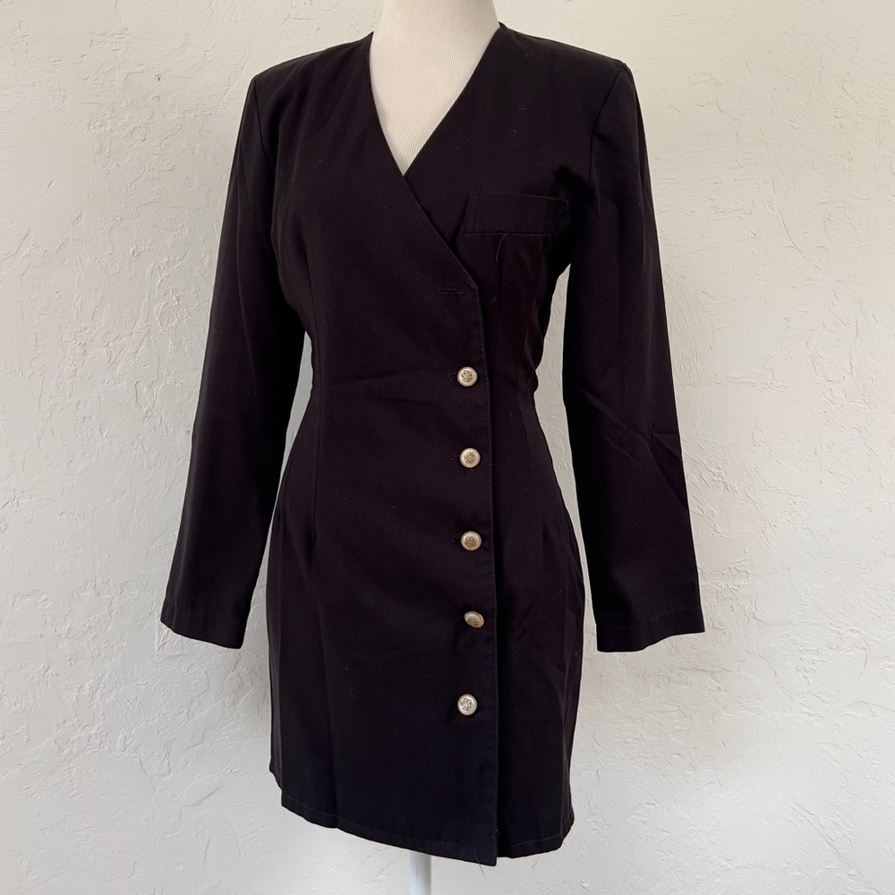 1990s Vintage FROGGY Paris French Long Sleeve V-Neck Side Button Mini Dress